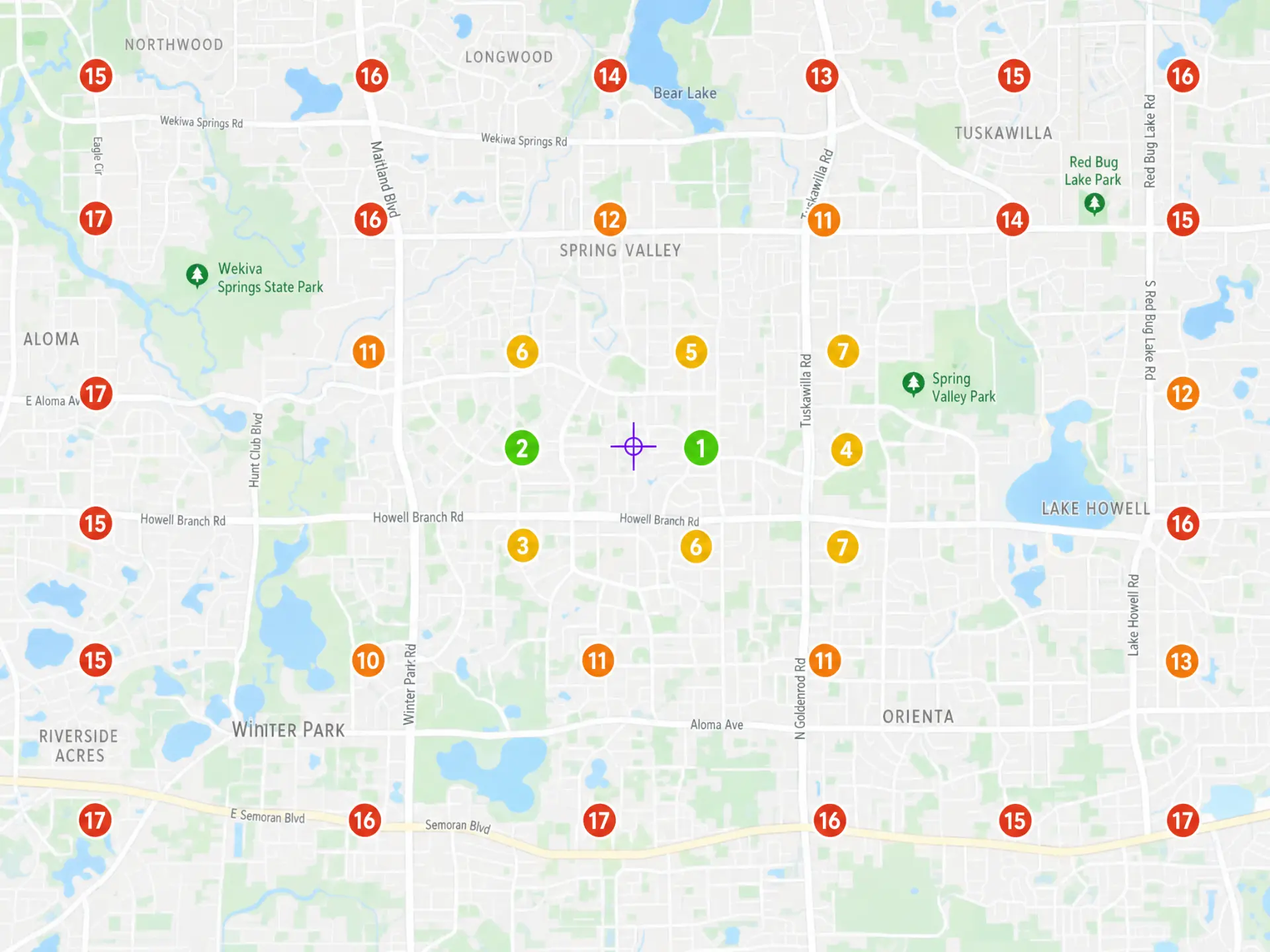 Example Google Maps geo-grid scan showing colour-coded ranking pins across a local service area
